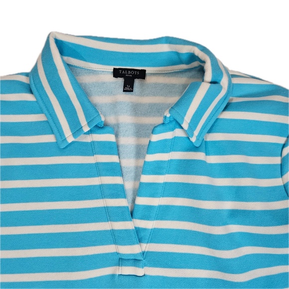 Talbots Shirt Womens Large Petite Blue White Striped Rugby Collar Pullover Knit - Picture 3 of 6